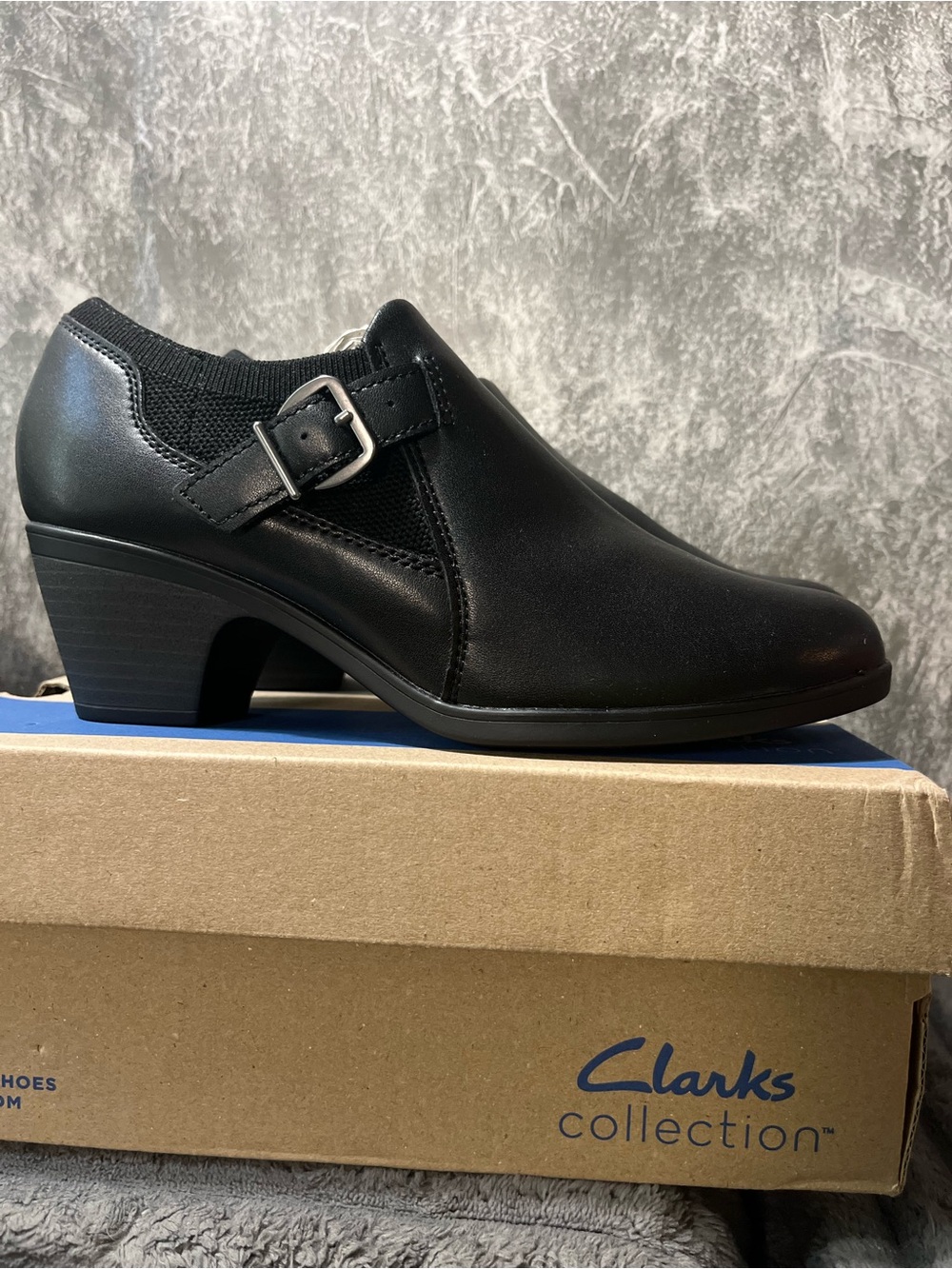Clarks Black Leather Low Heel Ankle Boot with Buckle